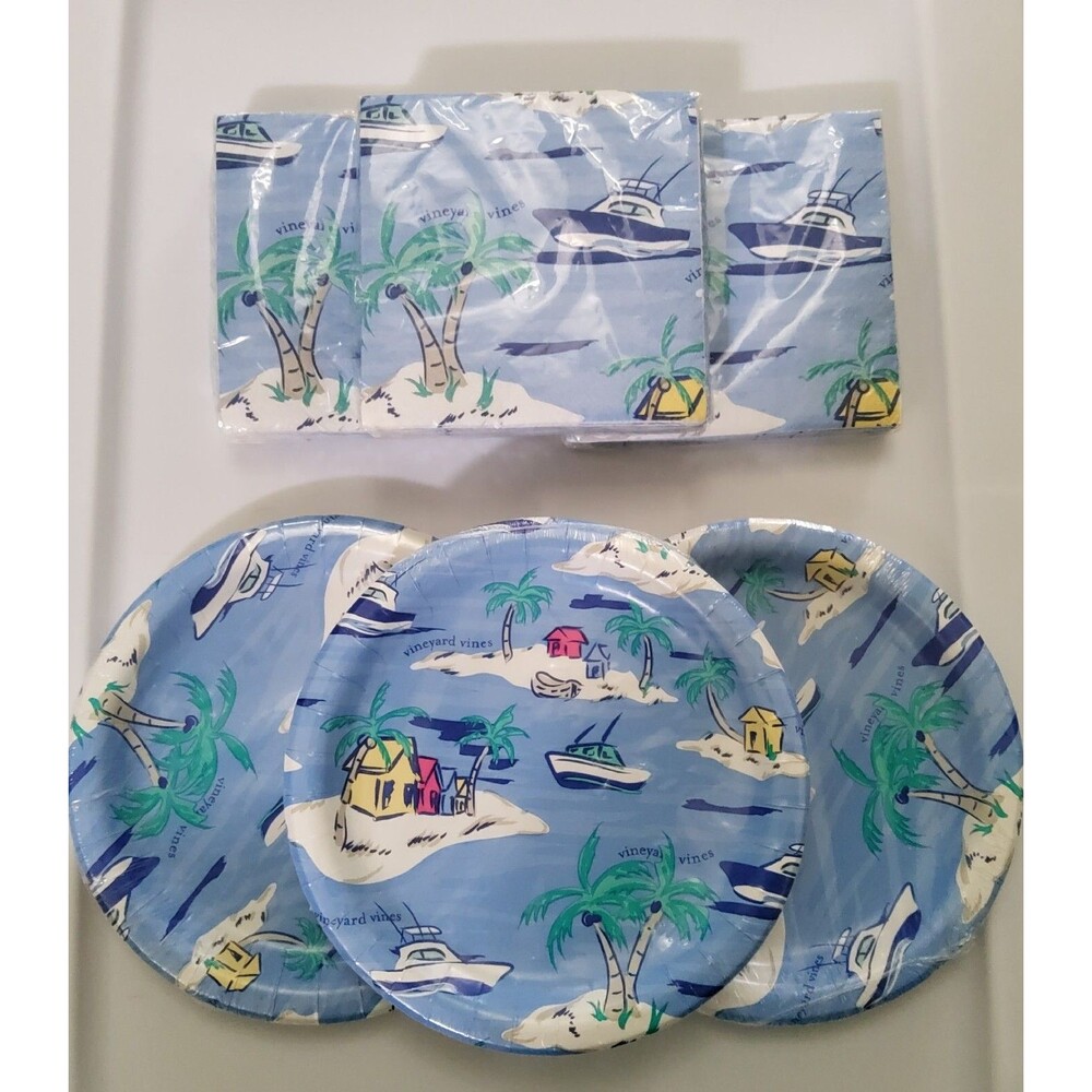 Vineyard Vines Boating Beach Vacation (30) Snack Plates, (30) Beverage Napkins